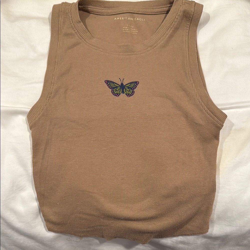 American Eagle Outfitters Brown Ribbed Tank with Butterfly Design